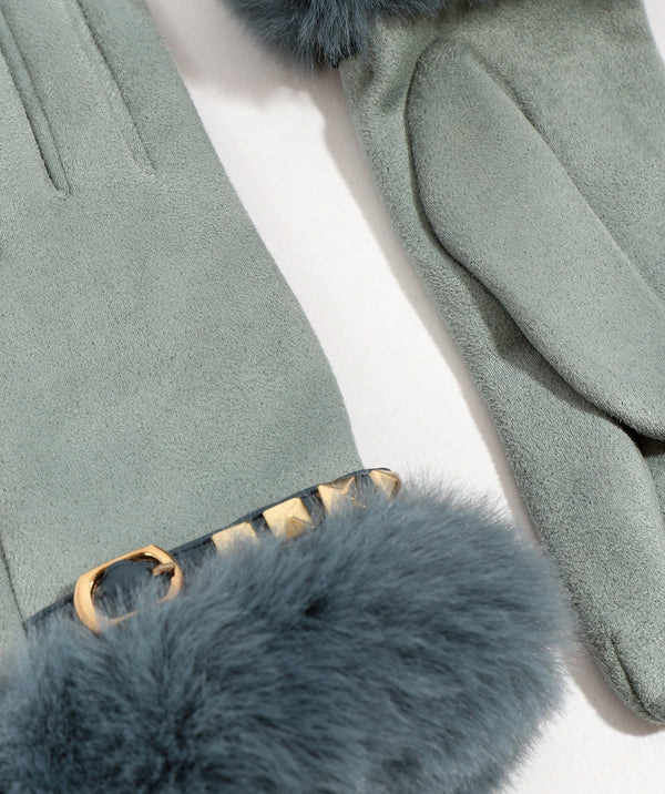 Chiara - Teal Stud Embellished Faux Fur Lined Gloves