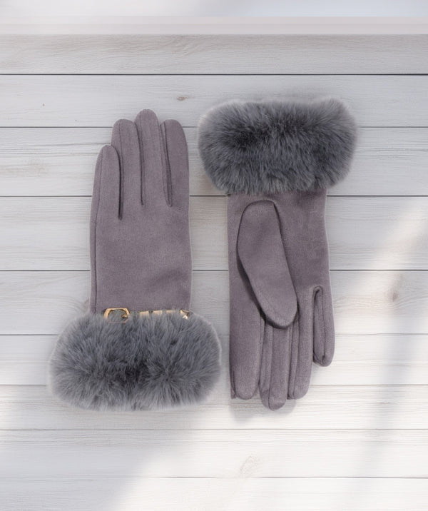 Chiara - Grey Stud Embellished Faux Fur Lined Gloves