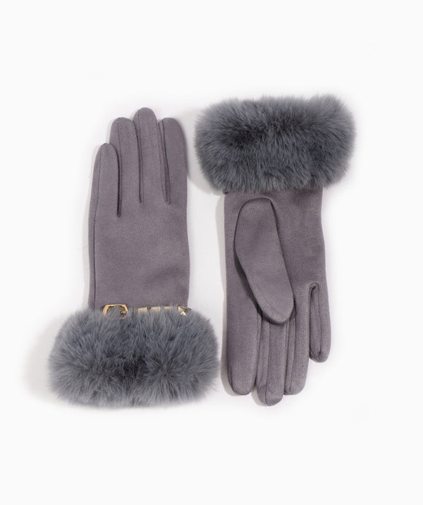 Chiara - Grey Stud Embellished Faux Fur Lined Gloves