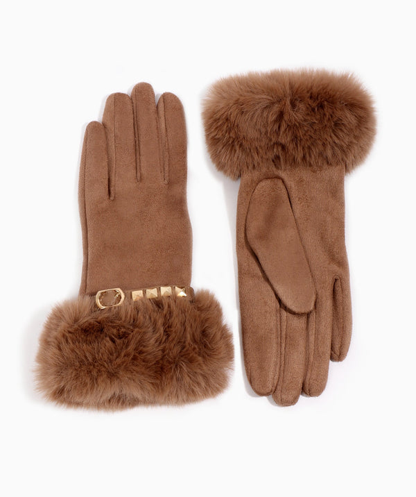Chiara - Camel Stud Embellished Faux Fur Lined Gloves