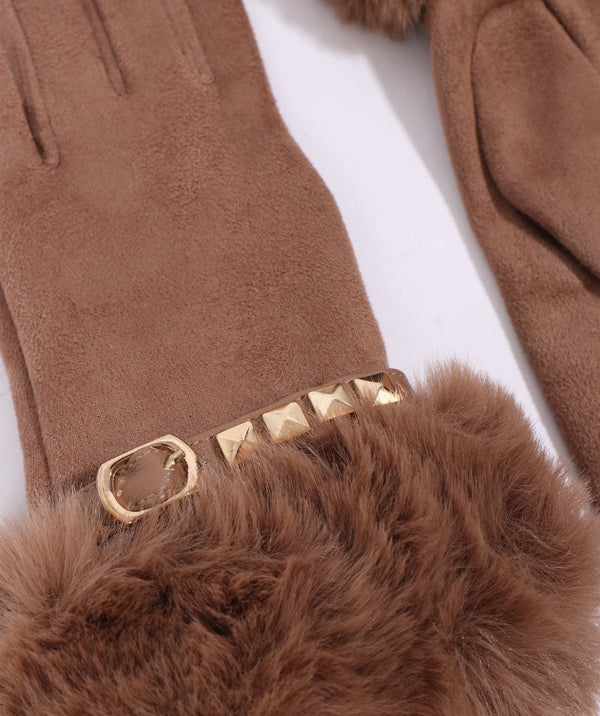 Chiara - Camel Stud Embellished Faux Fur Lined Gloves