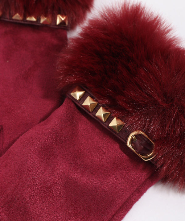 Chiara - Burgundy Stud Embellished Faux Fur Lined Gloves