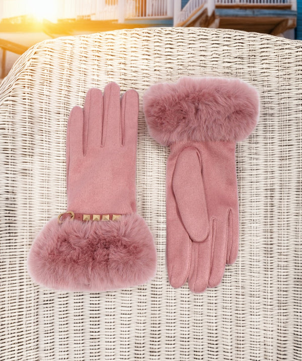 Chiara - Blush Pink Stud Embellished Faux Fur Lined Gloves