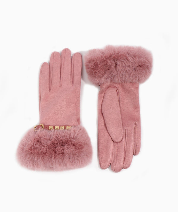 Chiara - Blush Pink Stud Embellished Faux Fur Lined Gloves