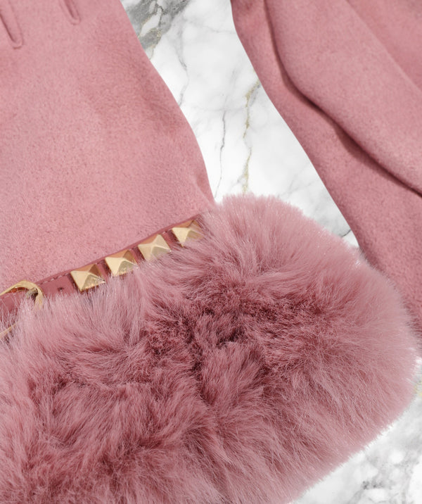 Chiara - Blush Pink Stud Embellished Faux Fur Lined Gloves