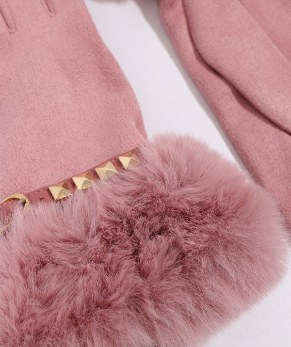 Chiara - Blush Pink Stud Embellished Faux Fur Lined Gloves