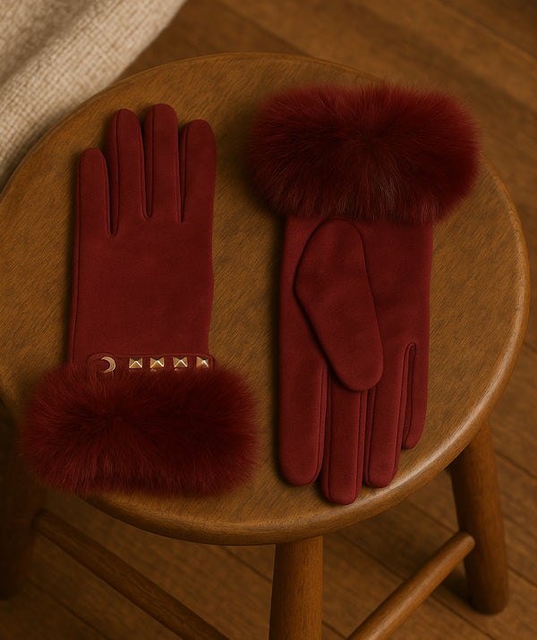 Chiara - Bourgondische stud verfraaide faux bont gevoerde handschoenen