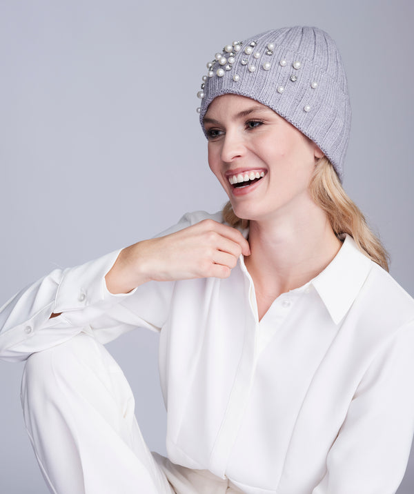 Silver Grey Chunky Knit Hat with Pearl Embellishments