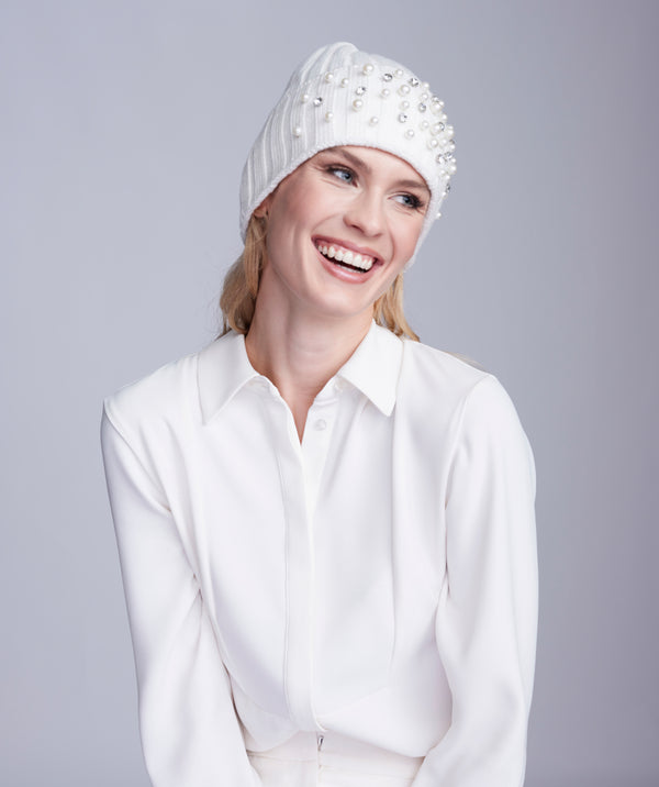 Winter White Chunky Knit Hat with Pearl Embellishment