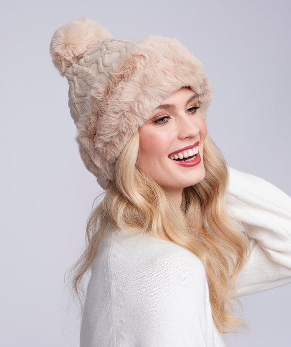 Light Beige Cable Knit Hat with Faux Fur Brim and Pom Pom