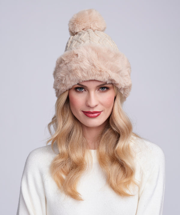 Light Beige Cable Knit Hat with Faux Fur Brim and Pom Pom