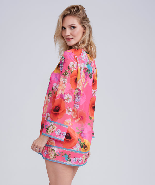 Pink Floral Print Cover Up with Beaded Embellishments