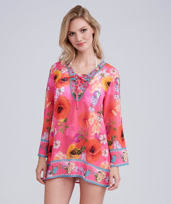 Pink Floral Print Cover Up with Beaded Embellishments