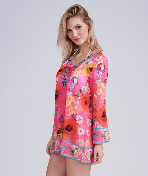 Pink Floral Print Cover Up with Beaded Embellishments