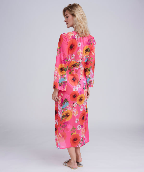 Pink Floral Print Maxi Cover Up with Beaded Embellishment