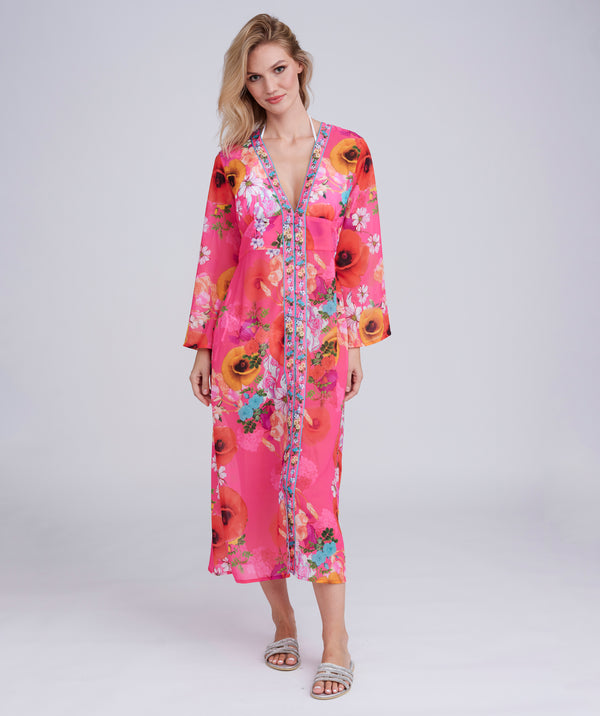 Pink Floral Print Maxi Cover Up with Beaded Embellishment