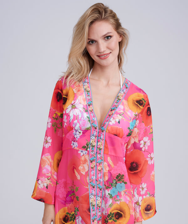 Pink Floral Print Maxi Cover Up with Beaded Embellishment