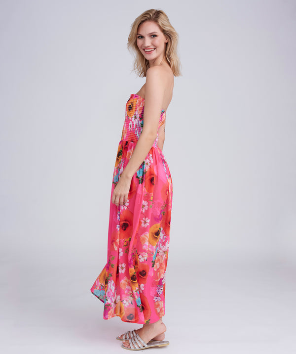 Pink Floral Print Maxi Dress with Bandeau Elasticated Top