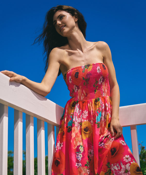 Pink Floral Print Maxi Dress with Bandeau Elasticated Top