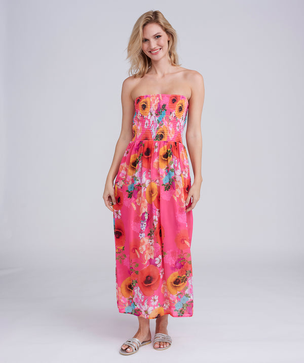 Pink Floral Print Maxi Dress with Bandeau Elasticated Top