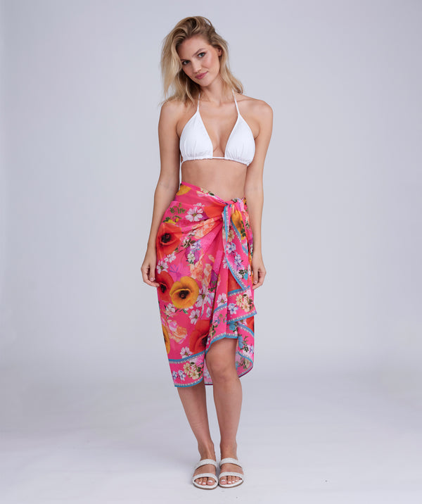 Pink Floral Print Sarong in Lightweight Crease-Free Fabric