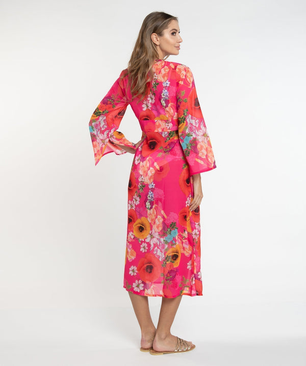 Pink Floral Print Midi Length Cover Up with Beaded Embellishment