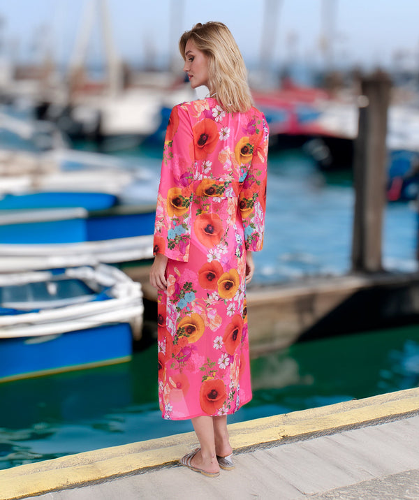 Copacabana - Pink Floral Print Maxi Cover Up with Beaded Embellishment
