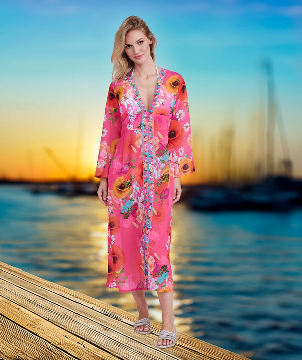 Copacabana - Pink Floral Print Maxi Cover Up with Beaded Embellishment