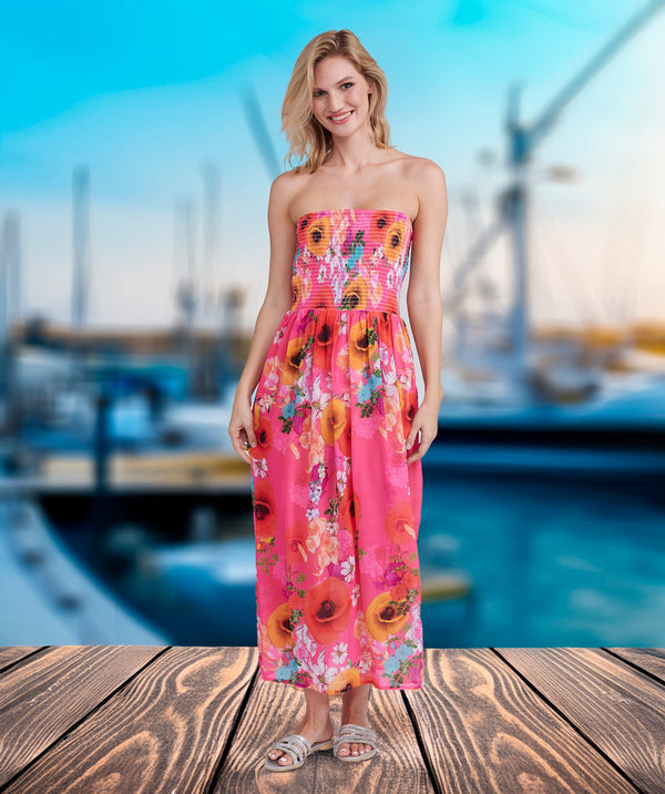 Copacabana - Pink Floral Print Maxi Dress with Bandeau Elasticated Top