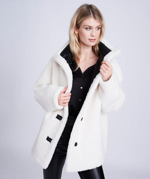 Winter White Borg Coat with Faux Leather Lining and Button Closure