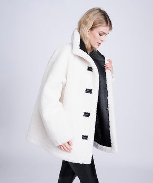 Winter White Borg Coat with Faux Leather Lining and Button Closure