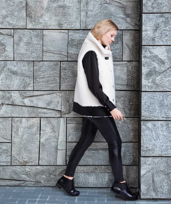 Cosette - Winter White Borg Gilet with Black Faux Leather Details