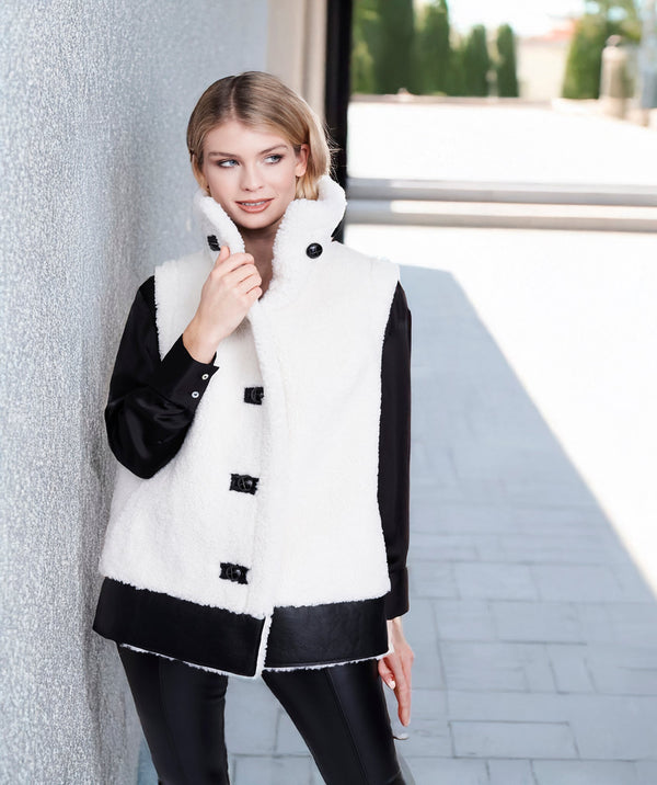 Cosette - Winter White Borg Gilet with Black Faux Leather Details