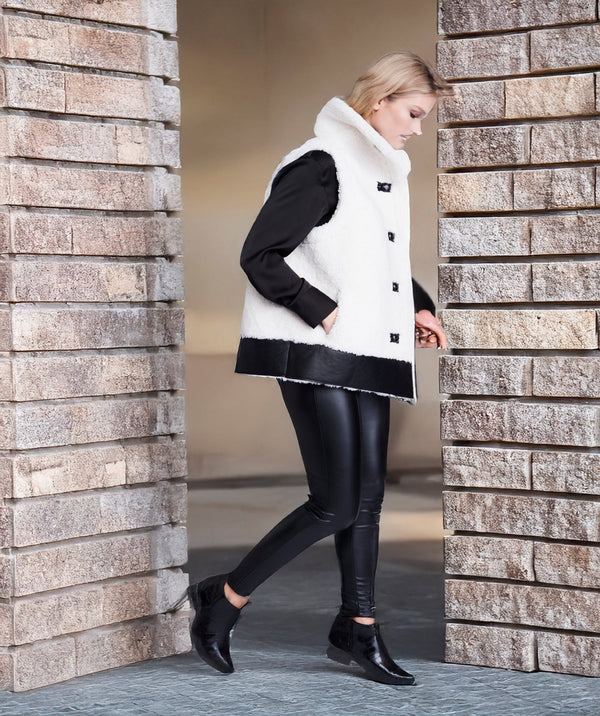 Cosette - Winter White Borg Gilet with Black Faux Leather Details