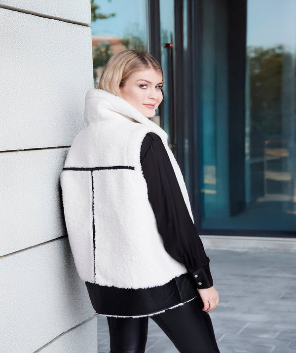Cosette - Winter White Borg Gilet with Black Faux Leather Details