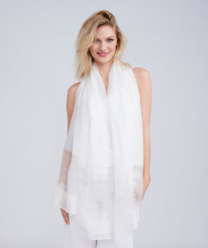 White oblong wedding scarf featuring a sheer lightweight fabric for a clean, elegant finish. Designed with subtle pearl embellishments at the ends for a refined decorative detail. Suitable for versatile draping to cover shoulders for bridal and occasion wear.