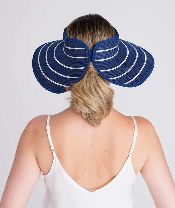 Navy and White Wide Brim Woven Straw Visor