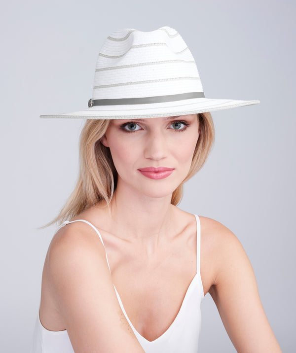 White/Silver Striped Straw Fedora with UPF 50 Protection