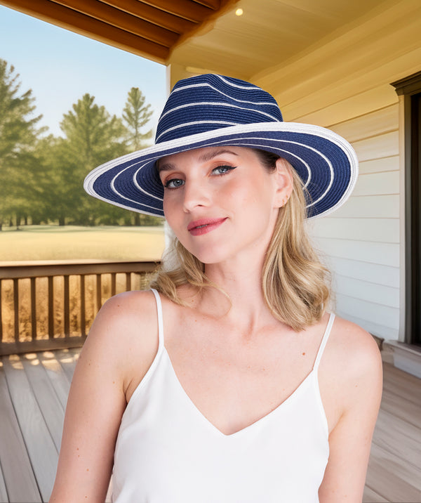 Cruise - Navy and White Stripe Straw Fedora