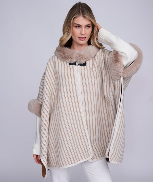 Dakota - Beige Striped Wrap with Faux Fur Trim