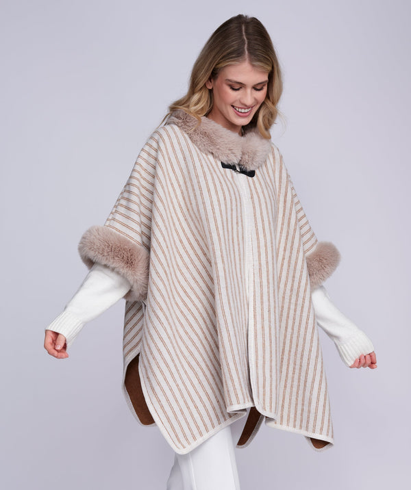 Dakota - Beige Striped Wrap with Faux Fur Trim