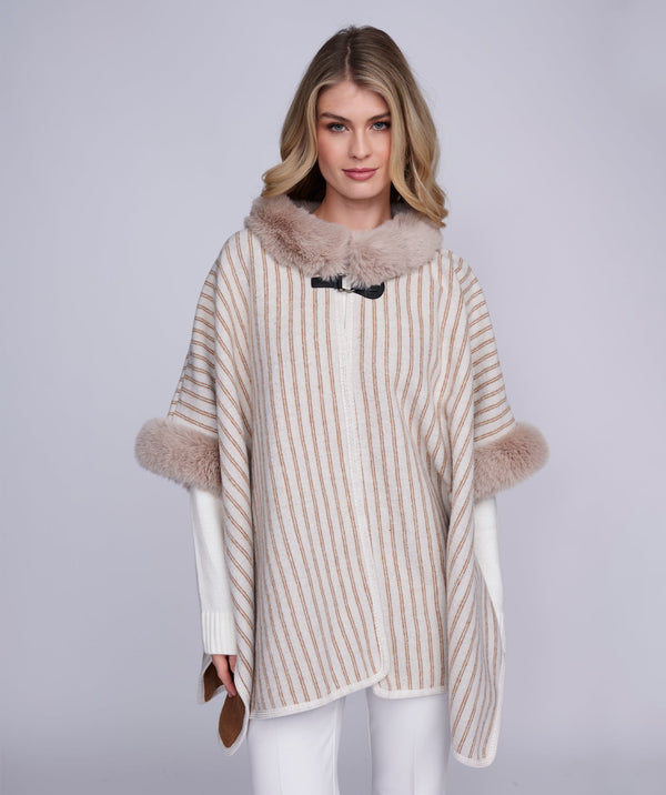 Dakota - Beige Striped Wrap with Faux Fur Trim