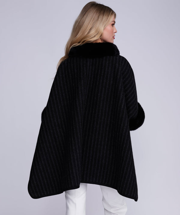Dakota - Black Striped Wrap with Faux Fur Trim
