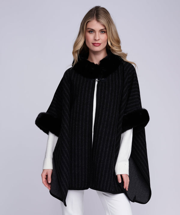 Dakota - Black Striped Wrap with Faux Fur Trim