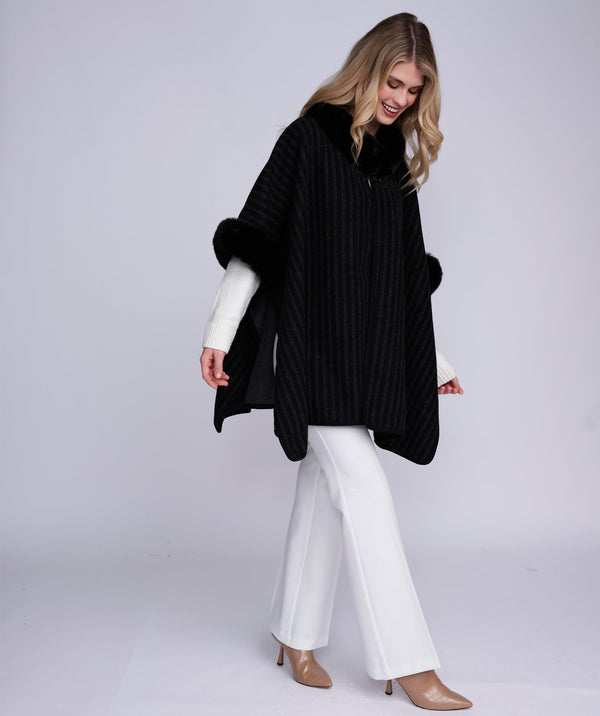 Dakota - Black Striped Wrap with Faux Fur Trim