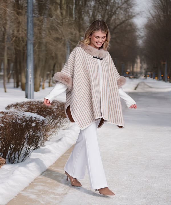 Dakota - Beige Striped Wrap with Faux Fur Trim