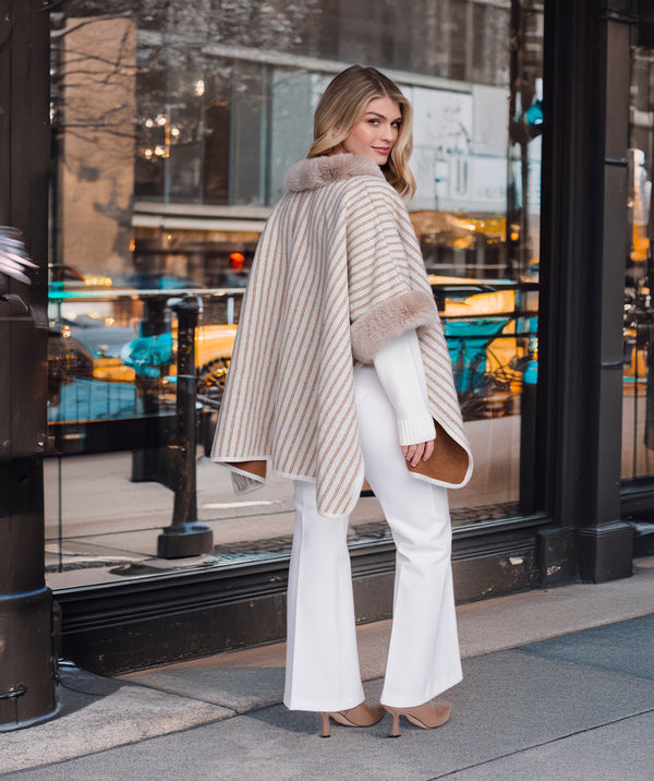 Dakota - Beige Striped Wrap with Faux Fur Trim