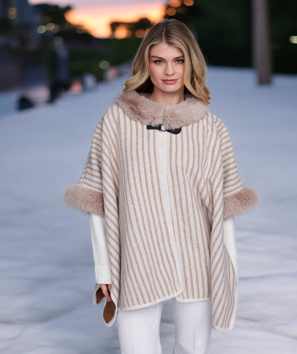 Dakota - Beige Striped Wrap with Faux Fur Trim