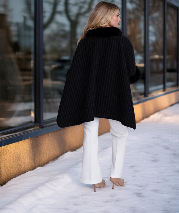 Dakota - Black Striped Wrap with Faux Fur Trim