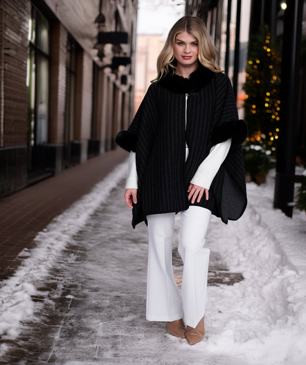 Dakota - Black Striped Wrap with Faux Fur Trim